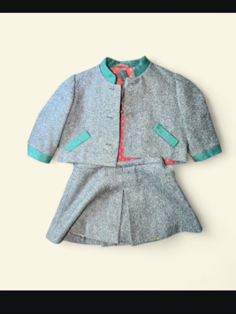 Vintage 2T UniforAustrian Loden Wool Trachten Skirt Suit Gray Green Trim 2 Piece